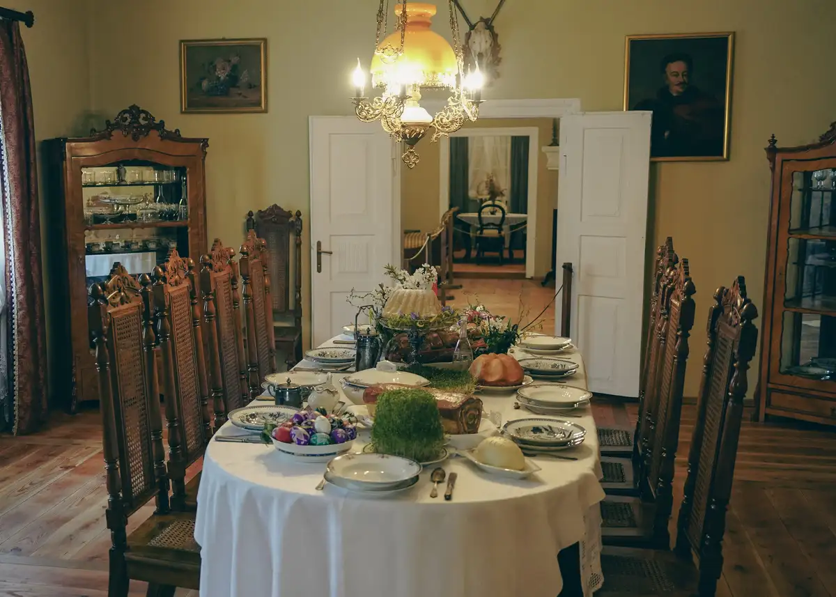 Authentic peasant cottage interior with traditional furnishings