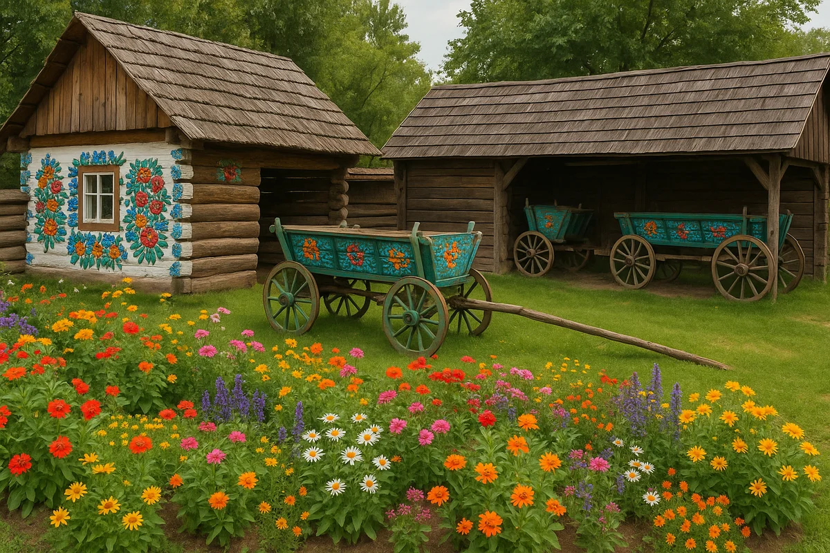 Colorfully painted cottage in Zalipie village